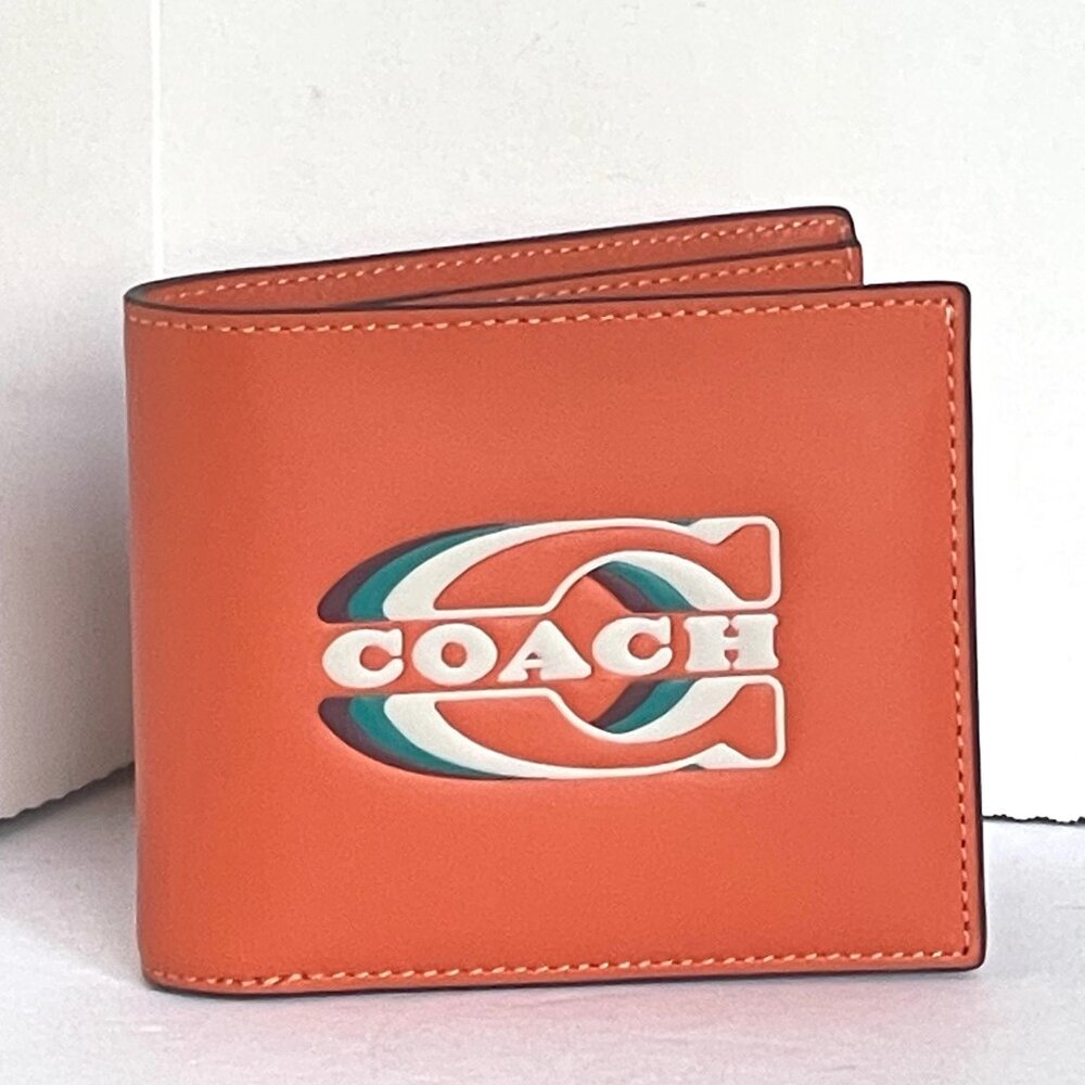 Coach CH084 3 In 1 Wallet Coach Stamp Mens Refined Calf Leather Bright Orange - Picture 2 of 9